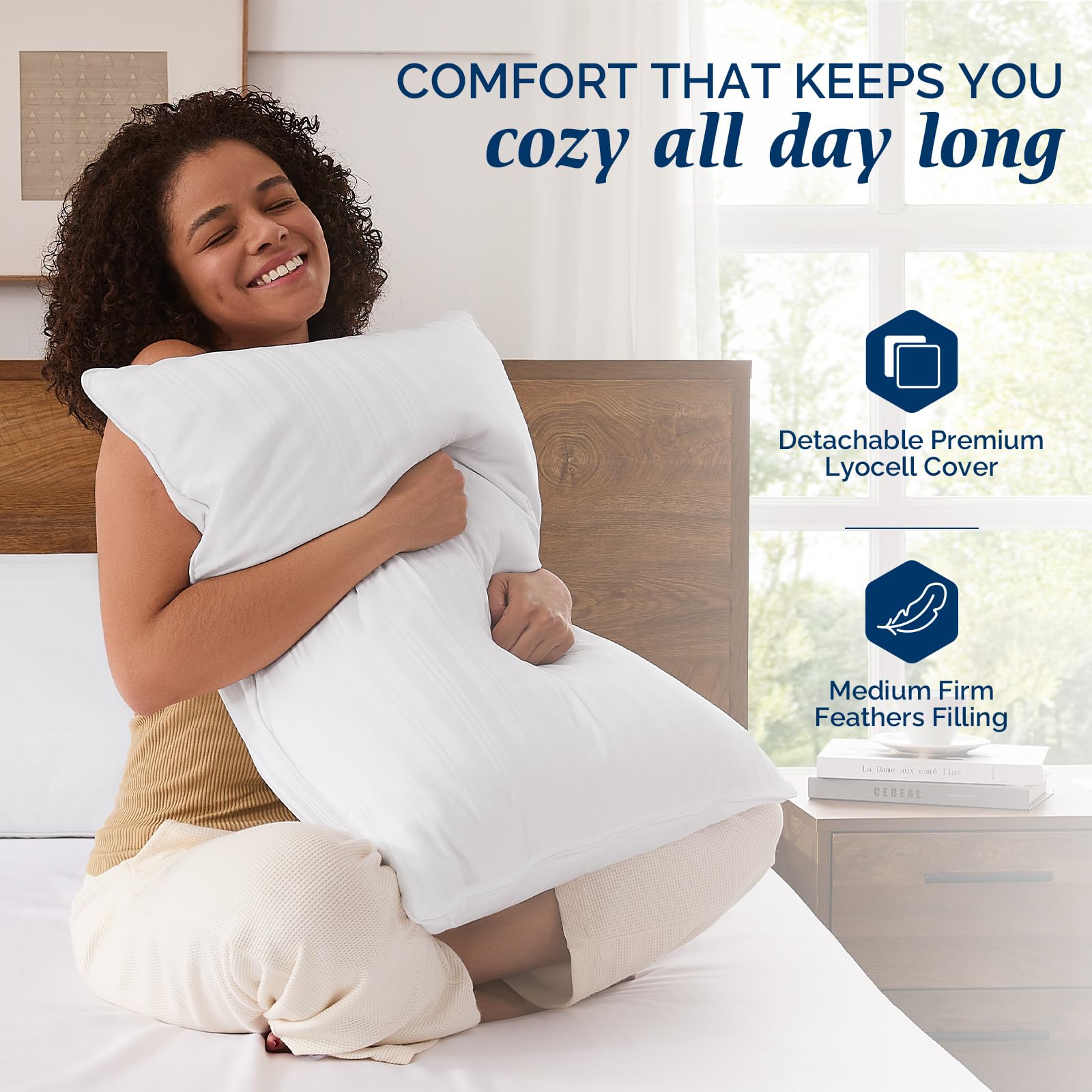 Downluxe lyocell shell breathable cover promotes gentle skin contact.