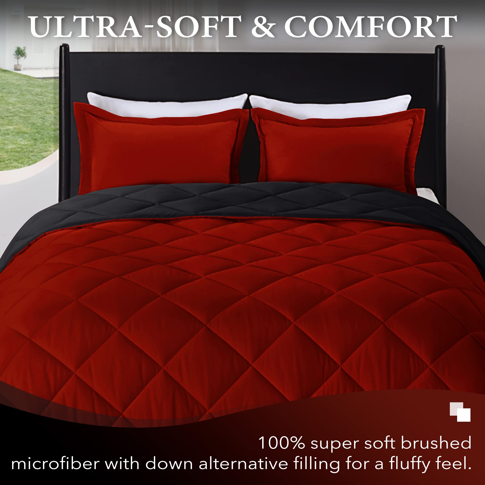 downluxe Queen Comforter reversible design in brushed microfiber for year-round softness and easy care.