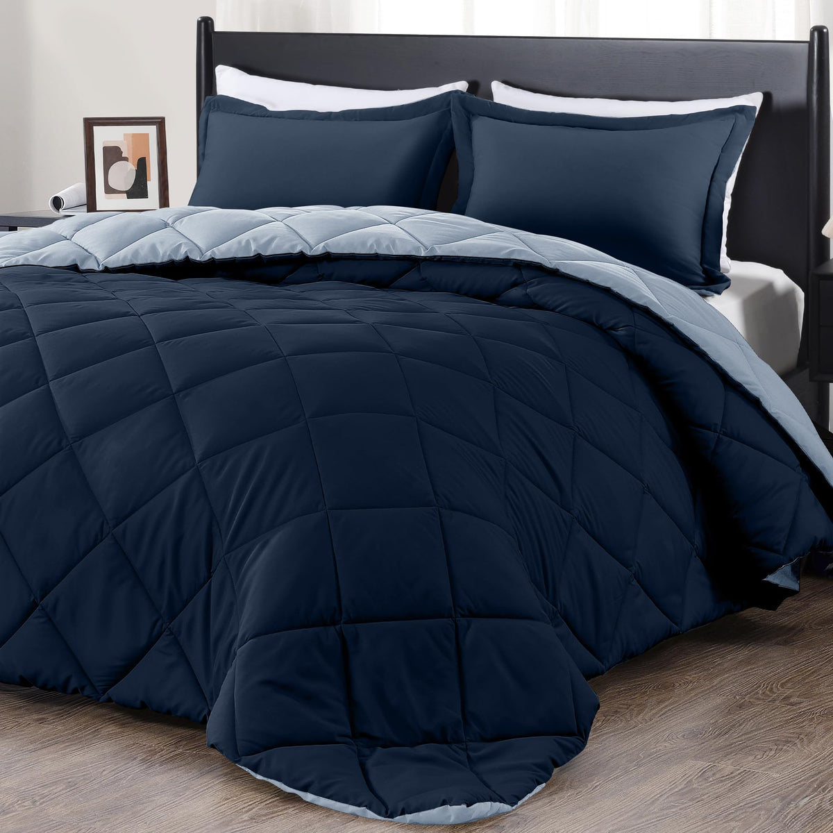 downluxe Queen Comforter Set in blue-sapphire reversible design for all-season warmth