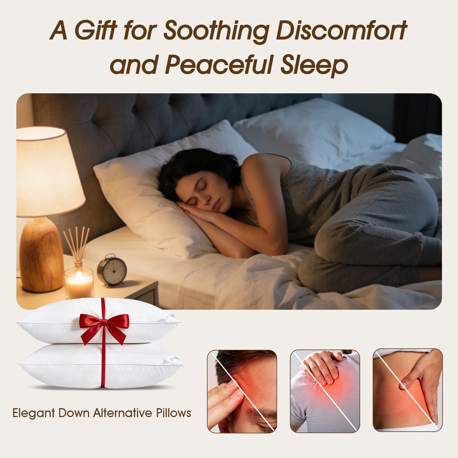 Downluxe side-back-stomach-sleep-support; versatile pillows for various positions.