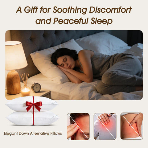 Downluxe side-back-stomach-sleep-support; versatile pillows for various positions.