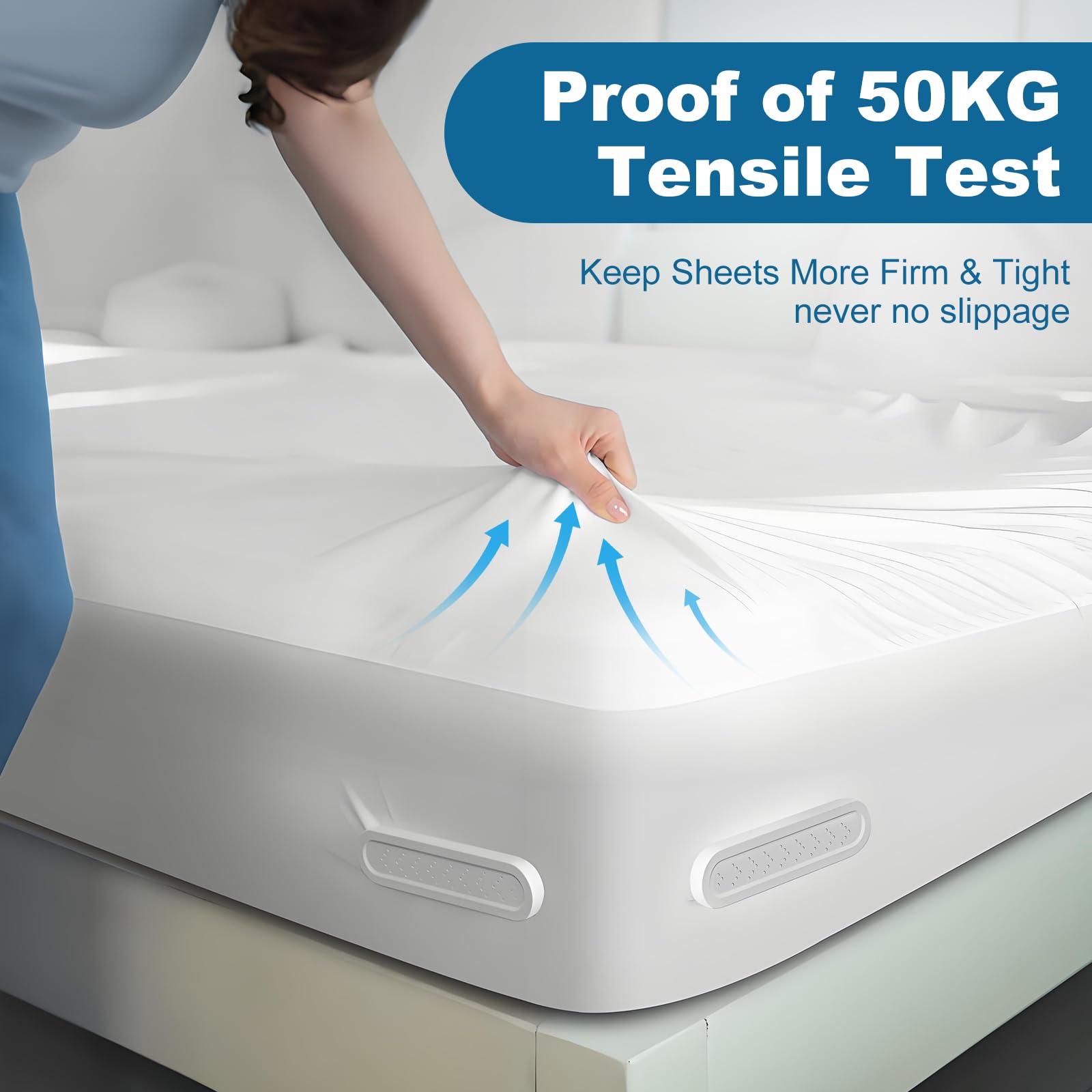 Downoop no-clip design reduces fabric wear and protects sheets.