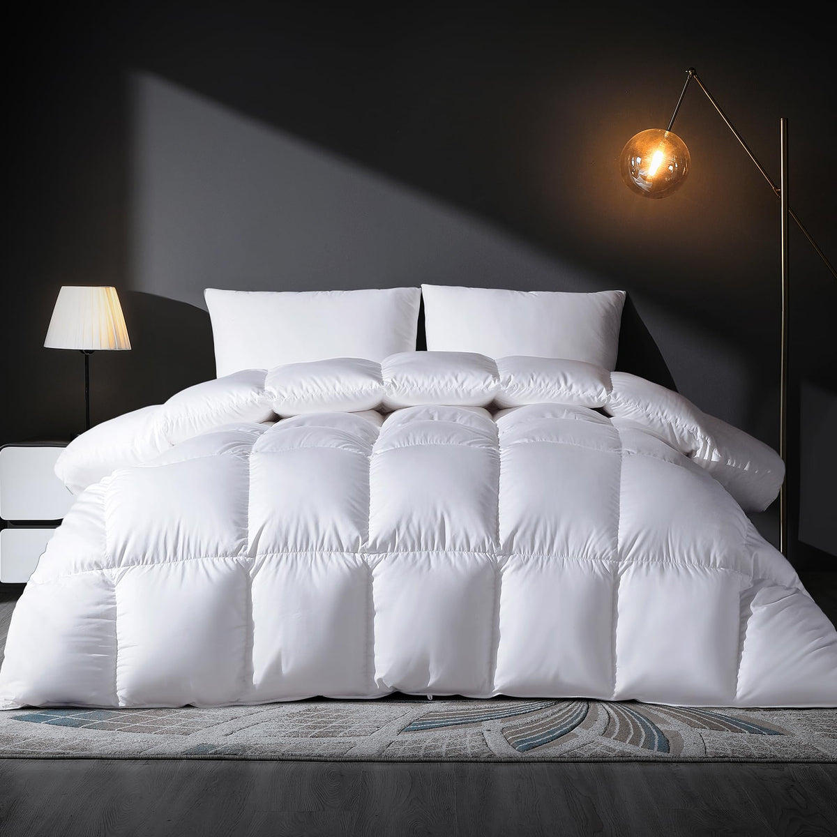 DOWNSTORIA feather down comforter king with true baffle box for even heat distribution.