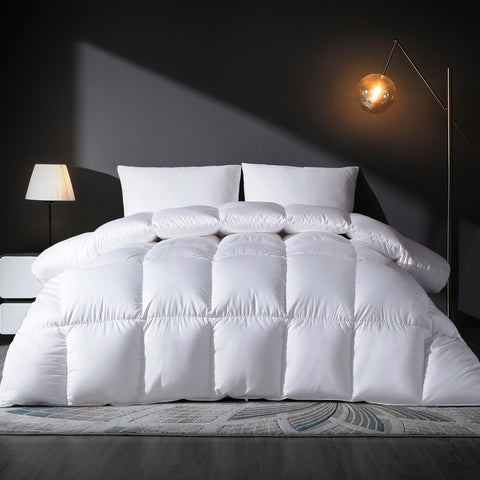 DOWNSTORIA feather down comforter king with true baffle box for even heat distribution.