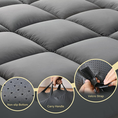 DOWNSTORIA foldable mattress with Velcro straps for quick packing and storage.