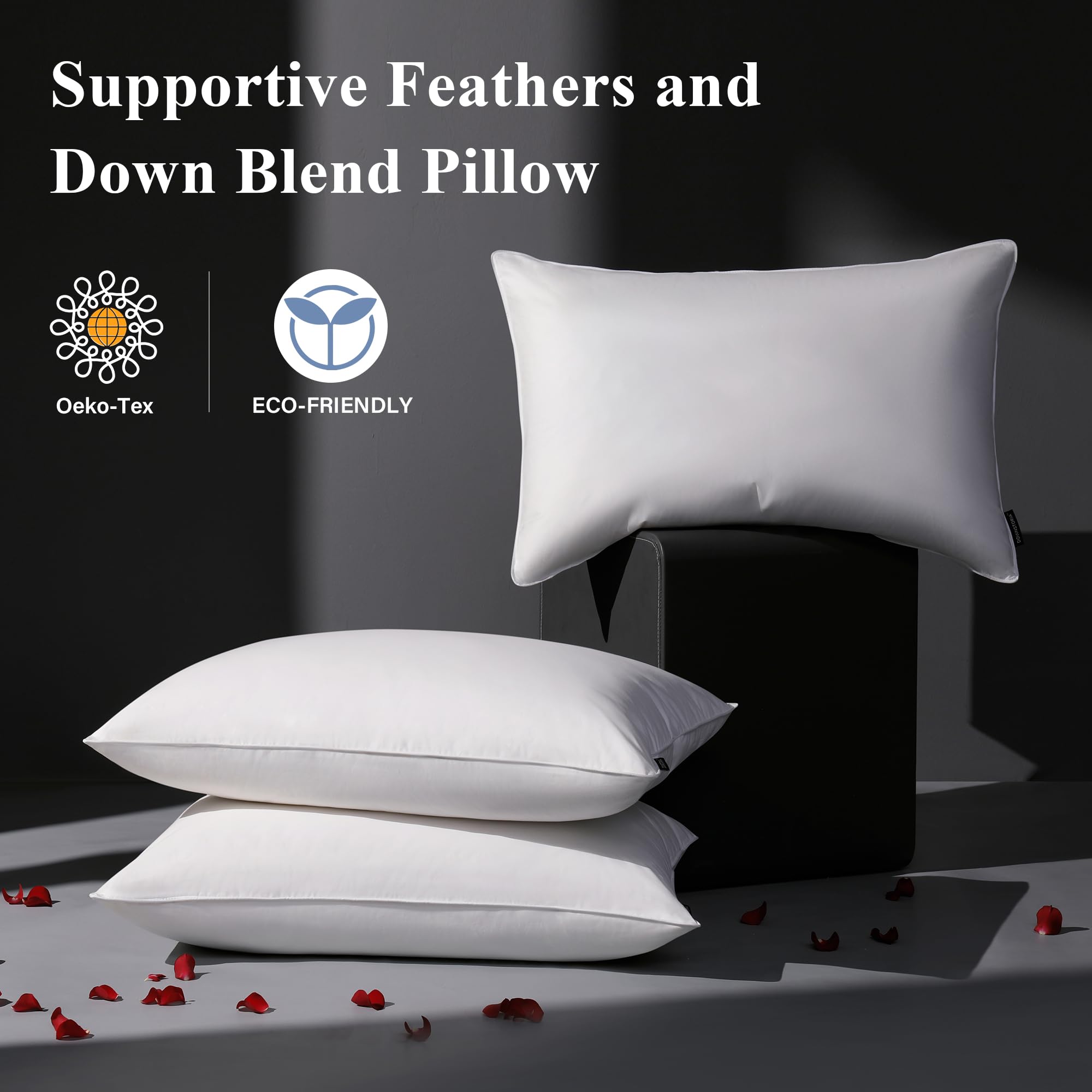 DOWNSTORIA king-size pillow on white bedding for premium sleep.