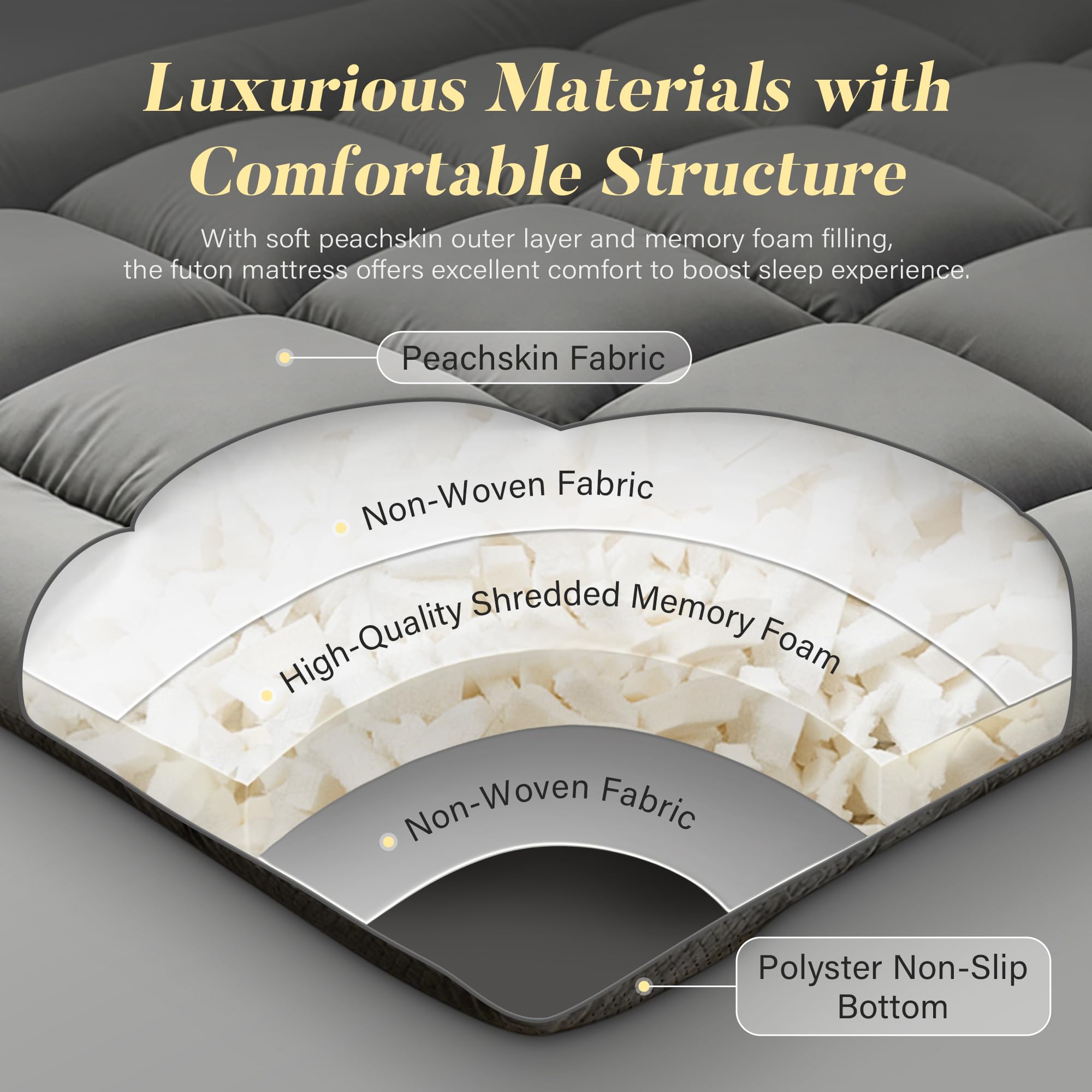 DOWNSTORIA memory-foam-filled futon provides adaptive support and quick recovery.