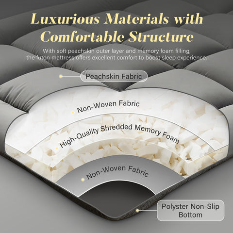 DOWNSTORIA memory-foam-filled futon provides adaptive support and quick recovery.