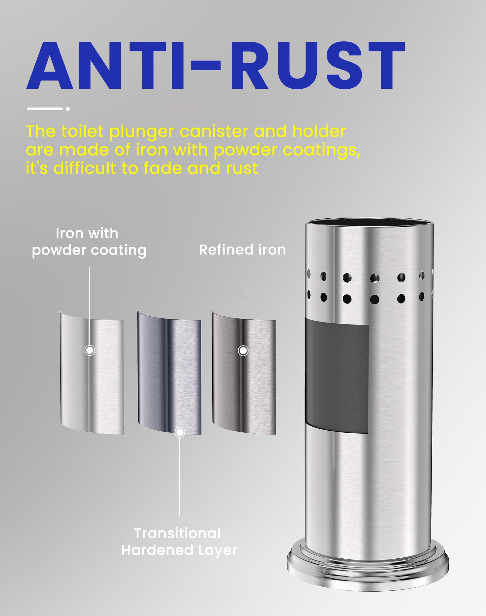 DOWRY anti-hand-off plunger with holder side view, compact storage for tight bathrooms.