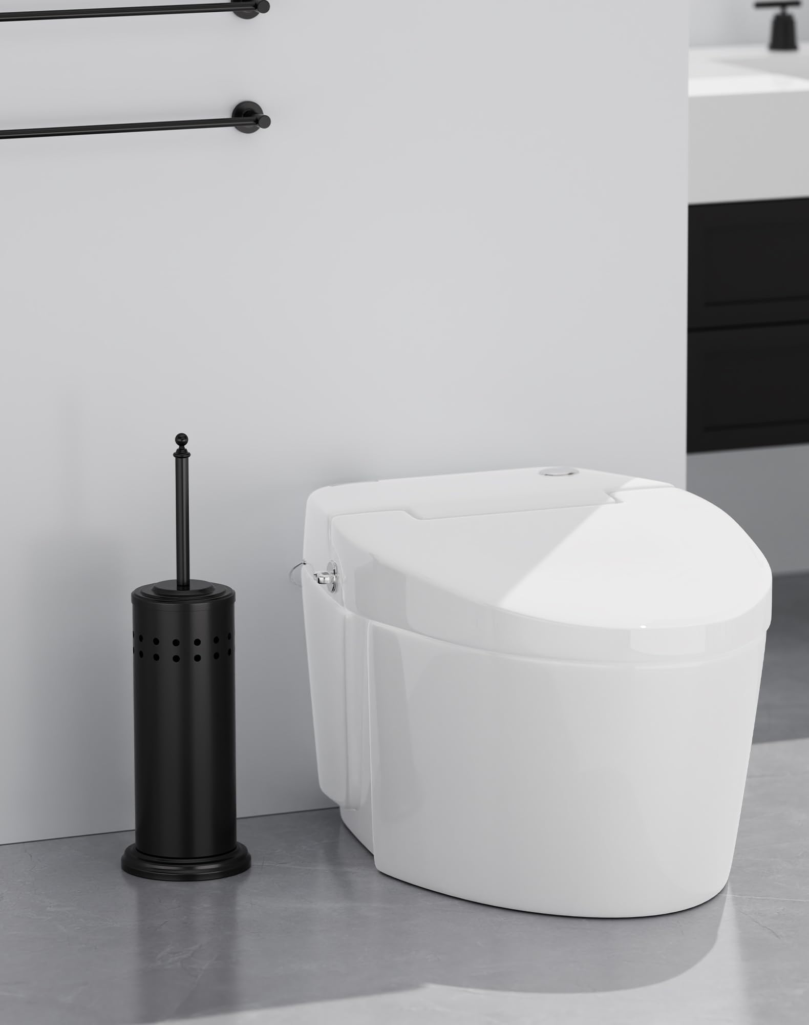 Dowry easy tuck storage keeps the bathroom tidy and organized.