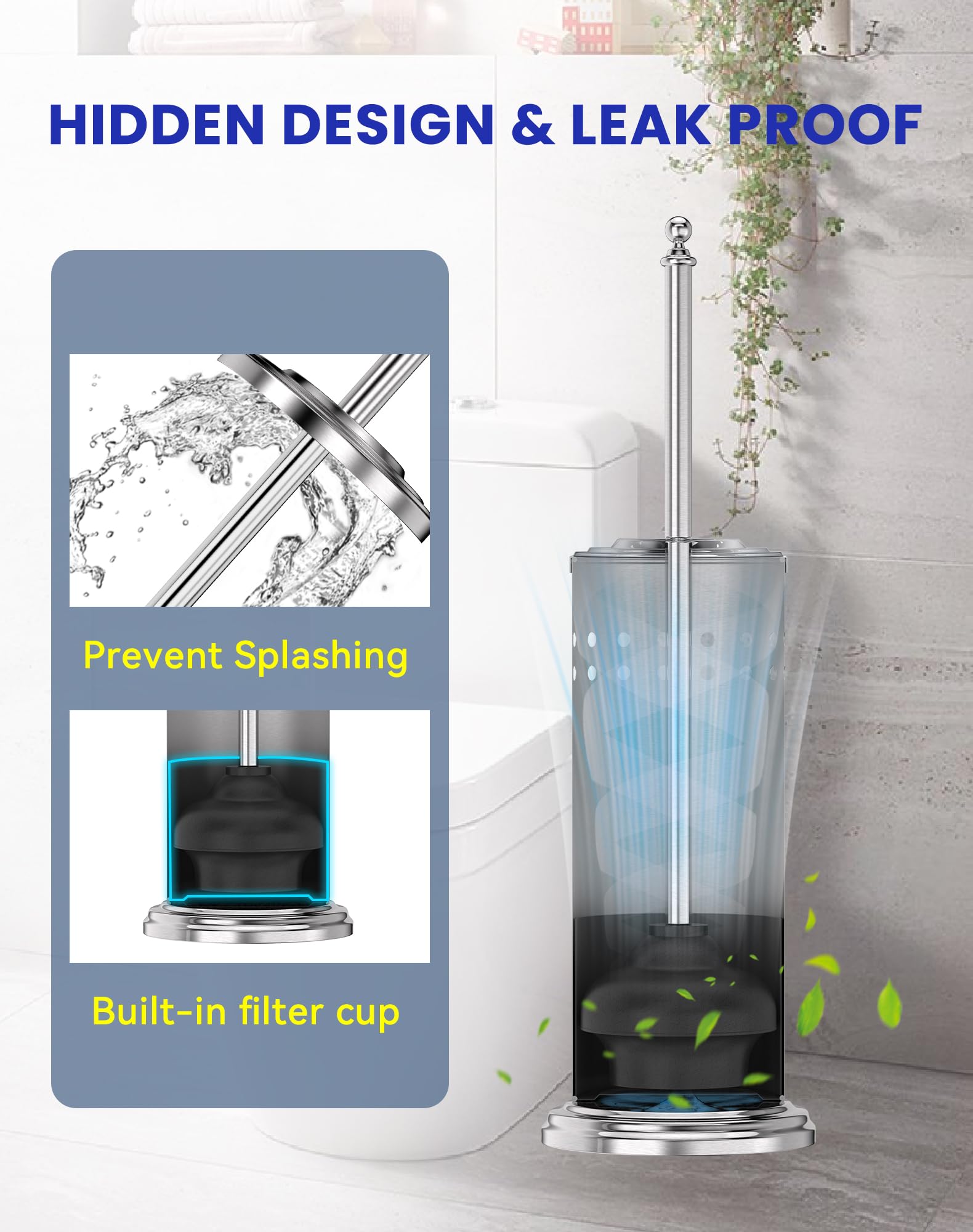 DOWRY toilet plunger in a bathroom scene emphasizing rust-resistant iron canister.