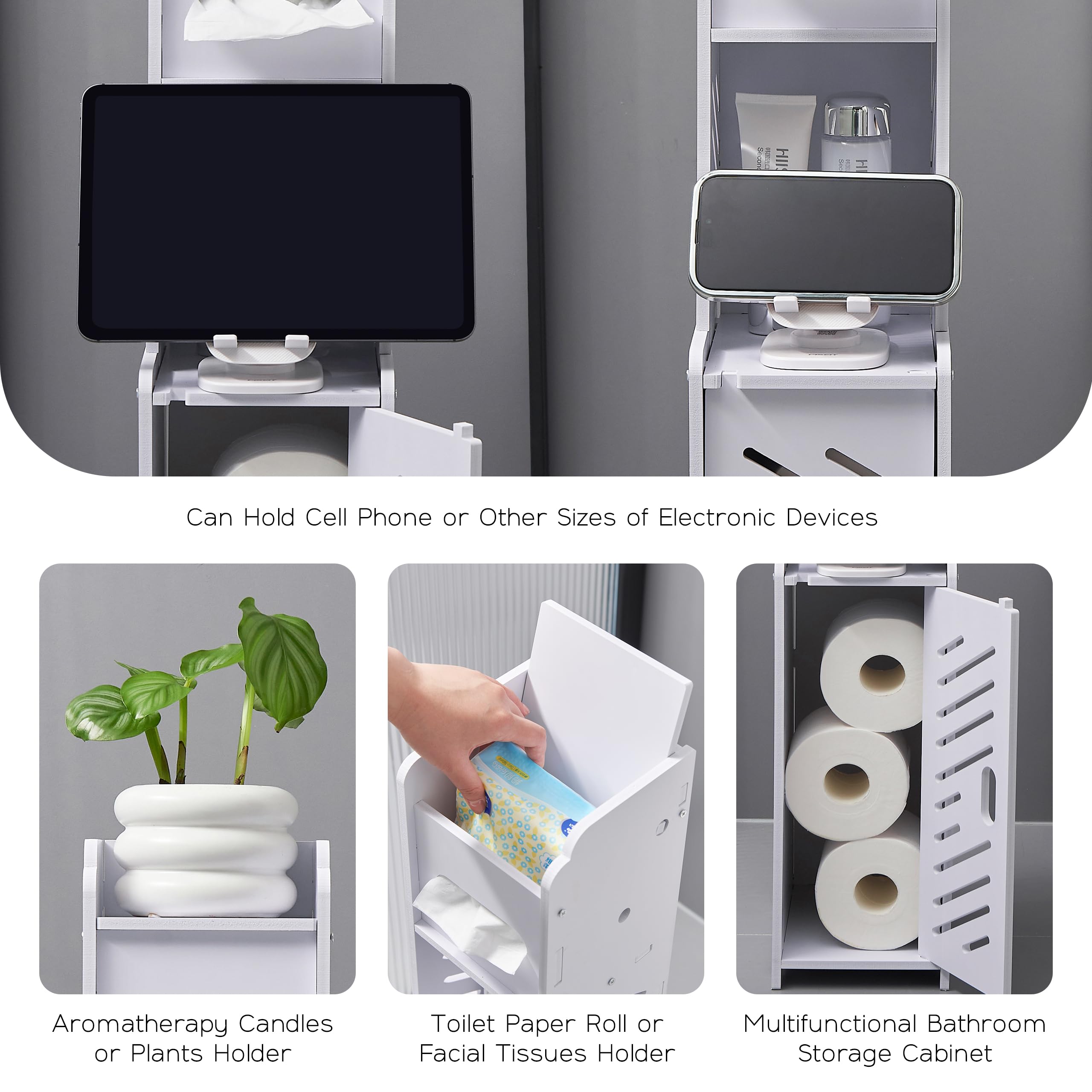 Doxo White four-shelf cabinet keeps towels, tissues, and cleaners organized
