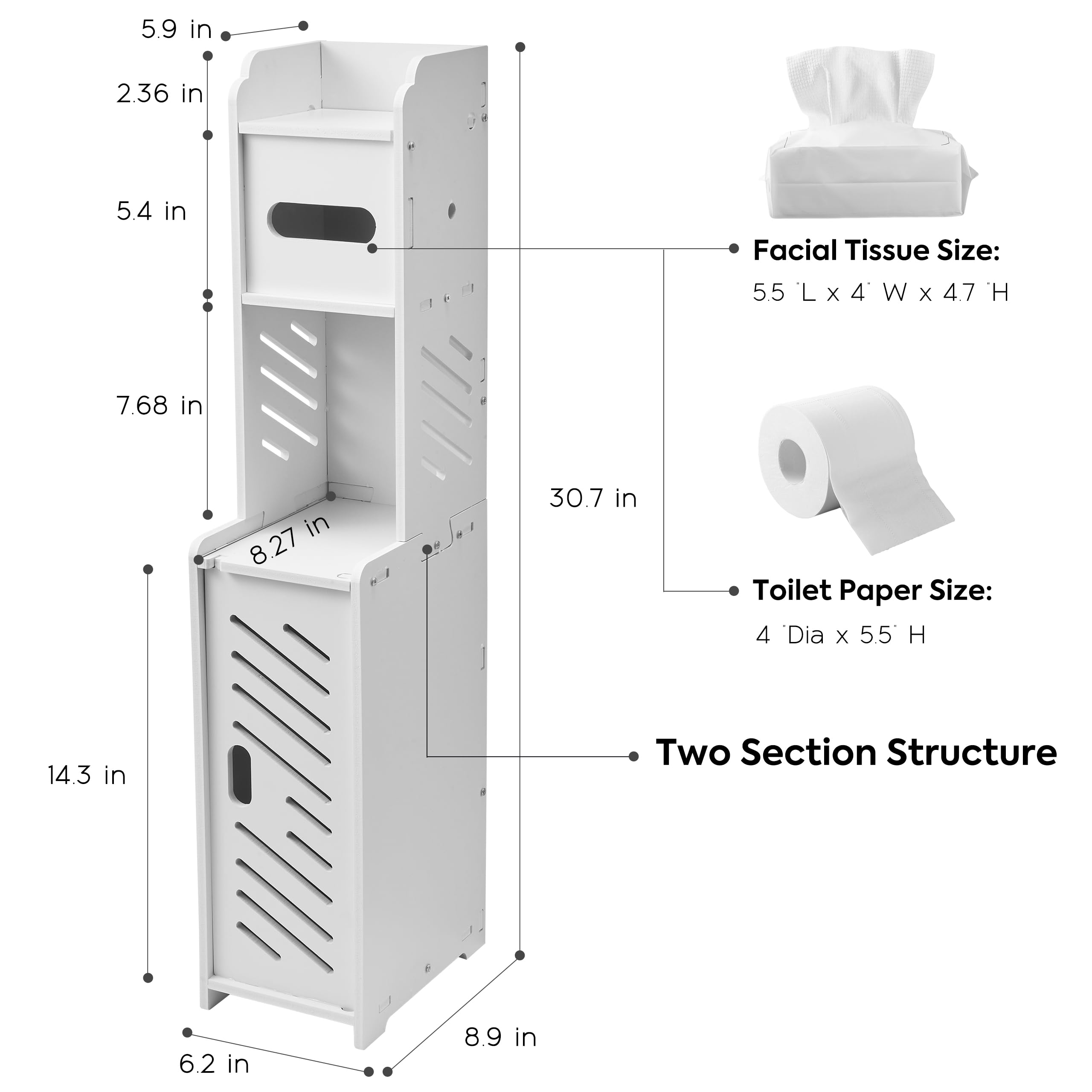 Doxo White narrow-space cabinet demonstrates efficient bathroom storage with four shelves