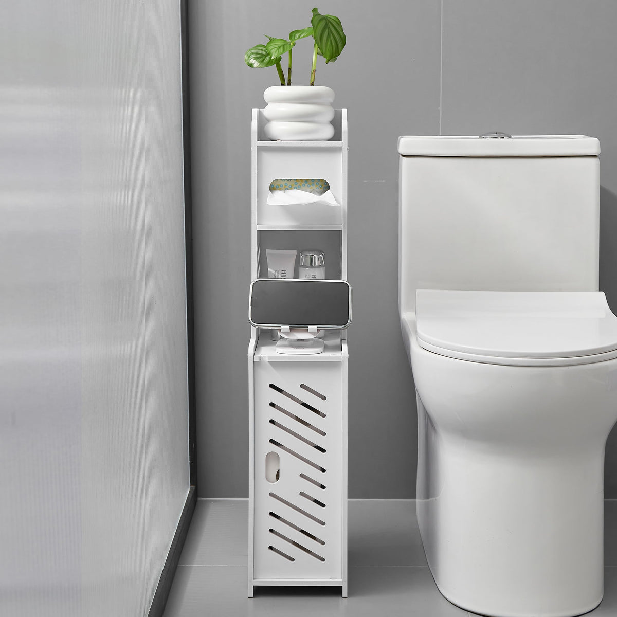 Doxo White toilet paper holder stand front view showing compact, space-saving design