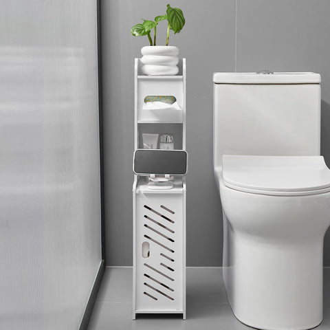 Doxo White toilet paper holder stand front view showing compact, space-saving design
