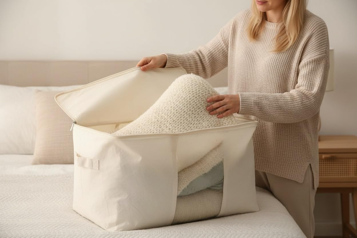 DoYiKe natural cotton canvas material offers breathable, durable storage for bedding.