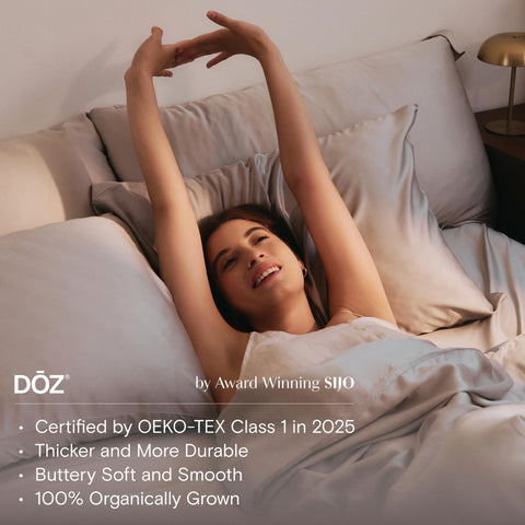Storm-queen DOZ sheets in a bedroom setting with easy-care tips.