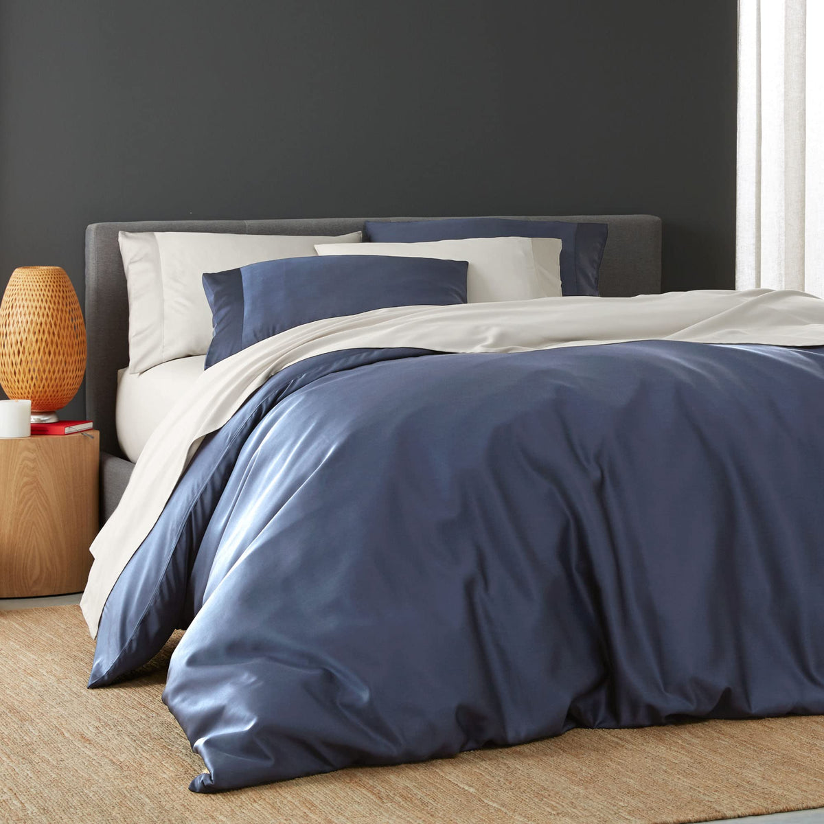 DOZ duvet cover sapphire close-up shows sateen weave for buttery softness.