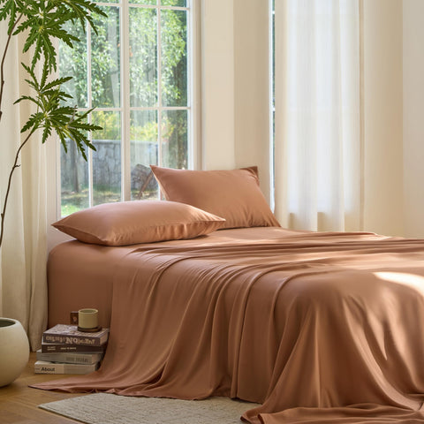 DOZ by SIJO clay queen fitted sheet on bed showing deep pocket fit