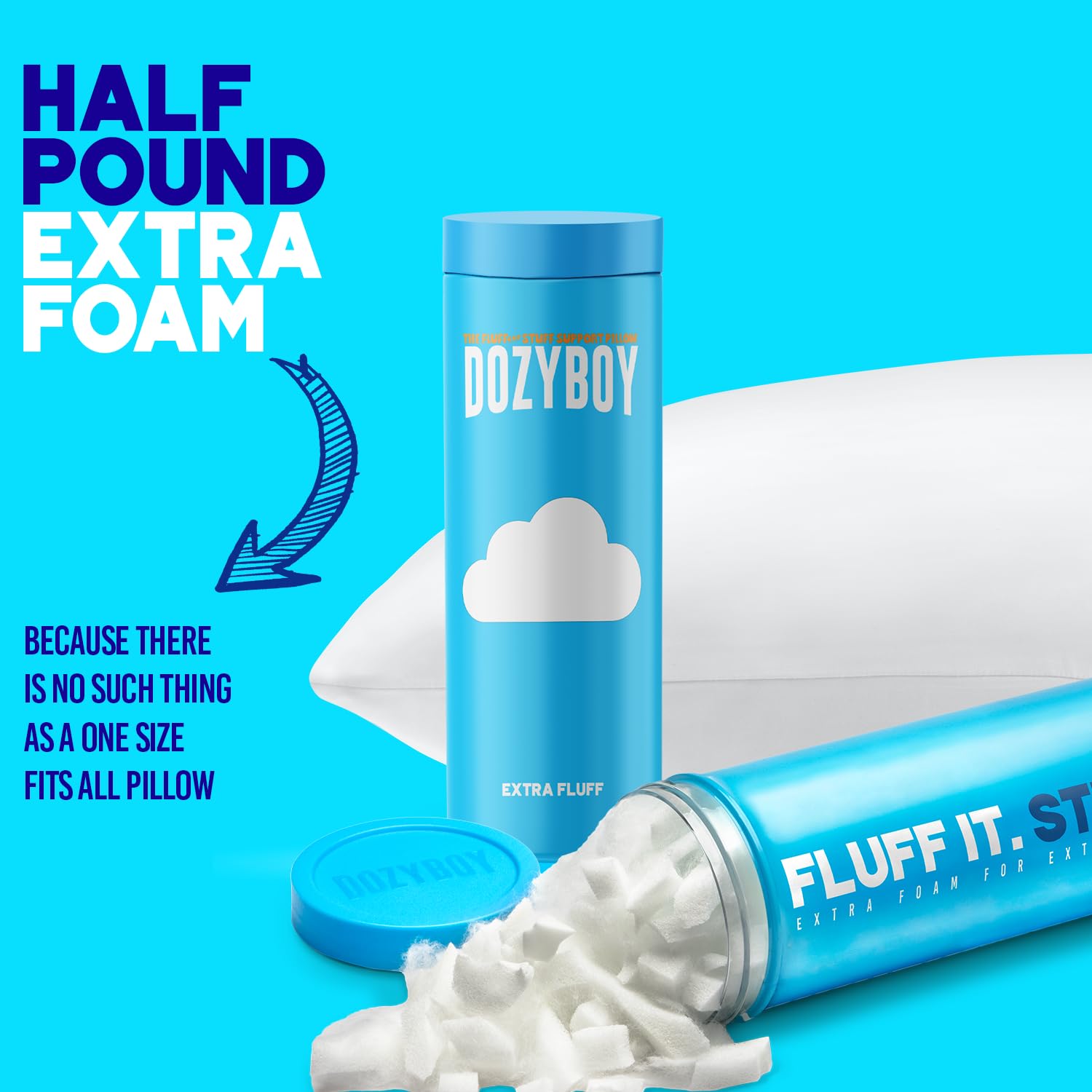 DozyBoy Fluff and Stuff Comfort Pillow adjustable-fill demonstrates easy customization.