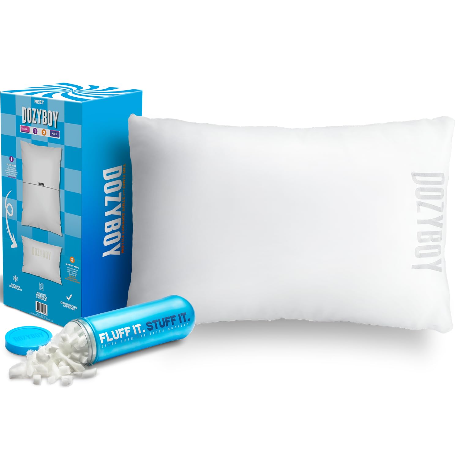 DozyBoy Fluff and Stuff Comfort Pillow front view shows adjustable loft for neck support.