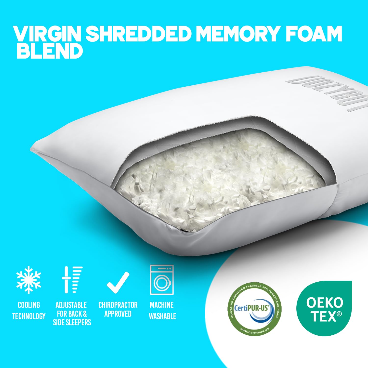DozyBoy Fluff and Stuff Comfort Pillow lumbar-support view emphasizes posture-friendly design.