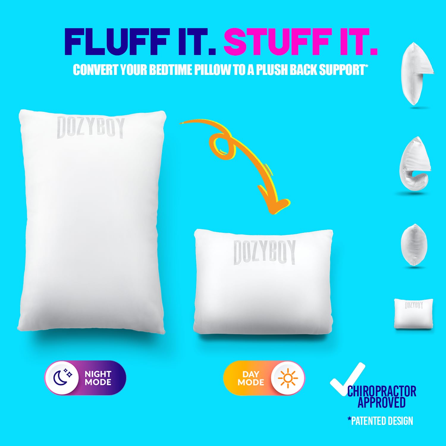 DozyBoy Fluff and Stuff Comfort Pillow side view highlighting lumbar comfort for seated use.