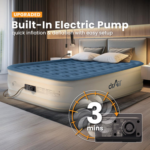 Dr. air Queen Air Mattress raised to 18 inches for comfortable guest sleeping.