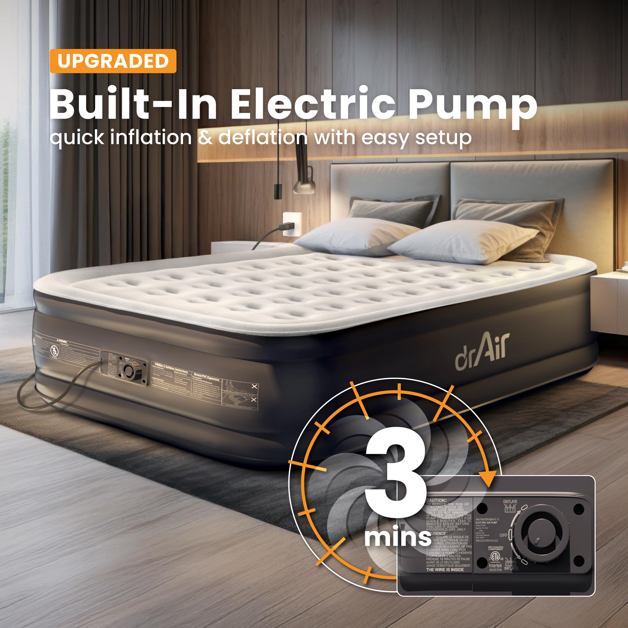 Dr. Air Queen mattress with fast inflation for hosting guests.