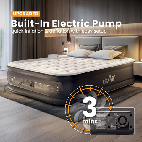 Dr. Air Queen mattress with fast inflation for hosting guests.