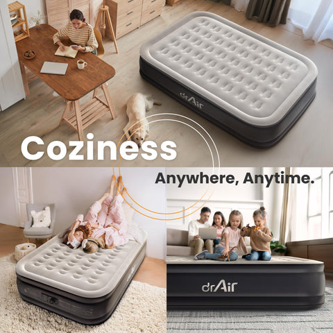 Dr. Air Queen mattress velvet flocked surface for cozy feel.