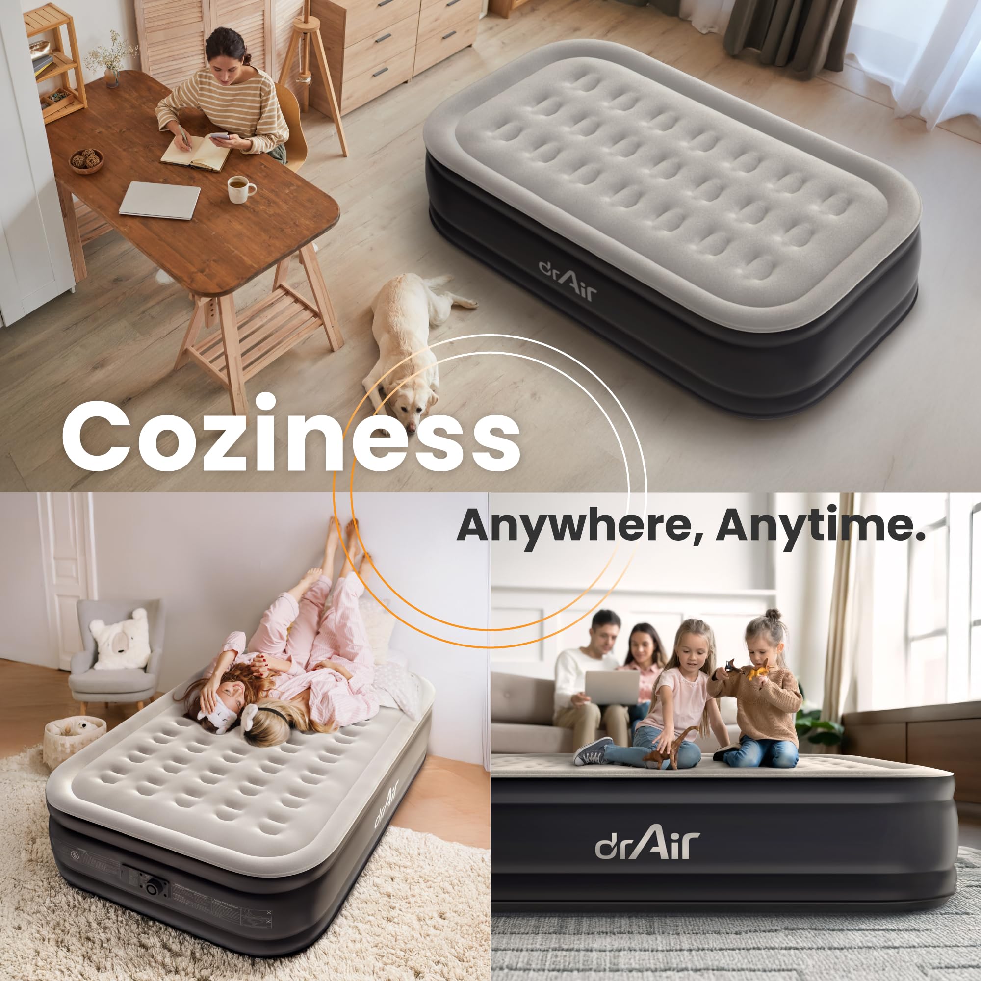 Dr. Air spacious sleep surface fits two and accommodates standard twin sheets.
