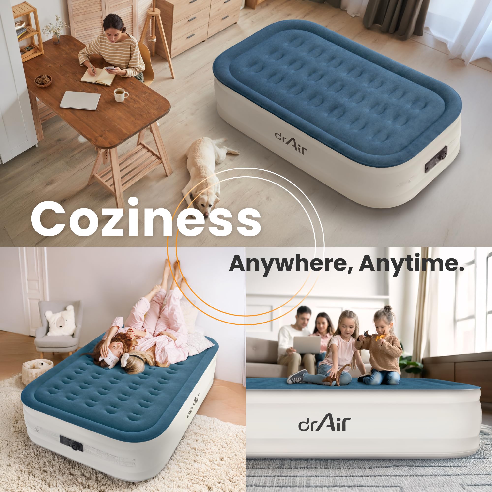 Dr. Air Twin air mattress reinforced seams enhance durability for frequent use.