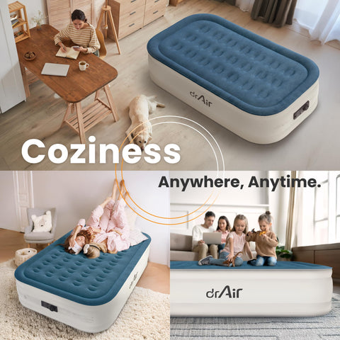 Dr. Air Twin air mattress reinforced seams enhance durability for frequent use.