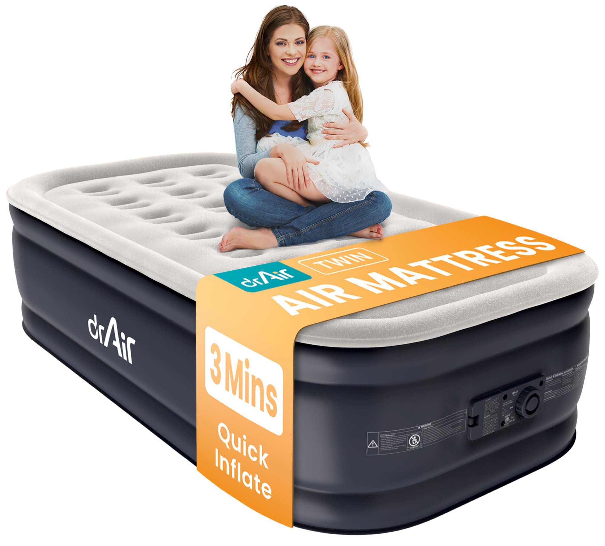 Dr. Air twin mattress with built-in pump for quick inflation and guest-ready convenience.