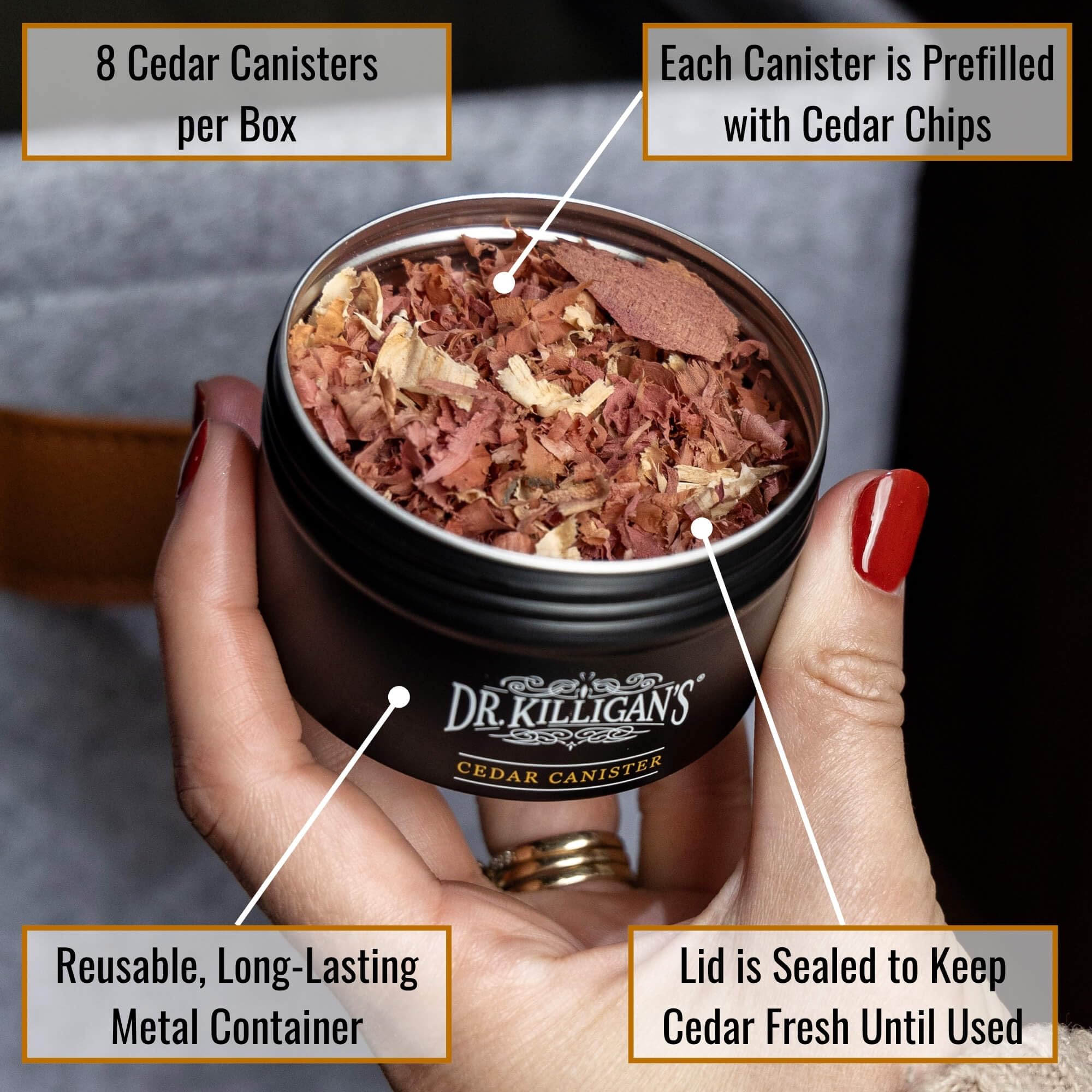 Dr. Killigan's cedar chip canister in a drawer used as deodorizer.