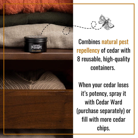 Dr. Killigan's cedar wood shavings inside tin provide tidy closet freshness.