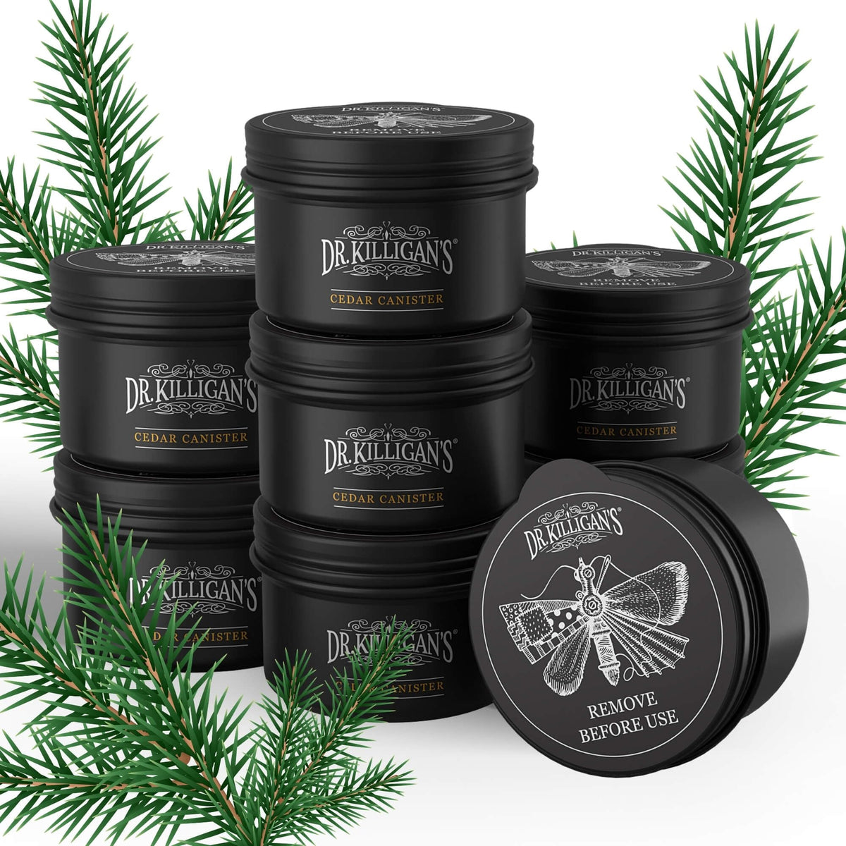 Dr. Killigan's cedarwood canisters packaging for closet moth protection.