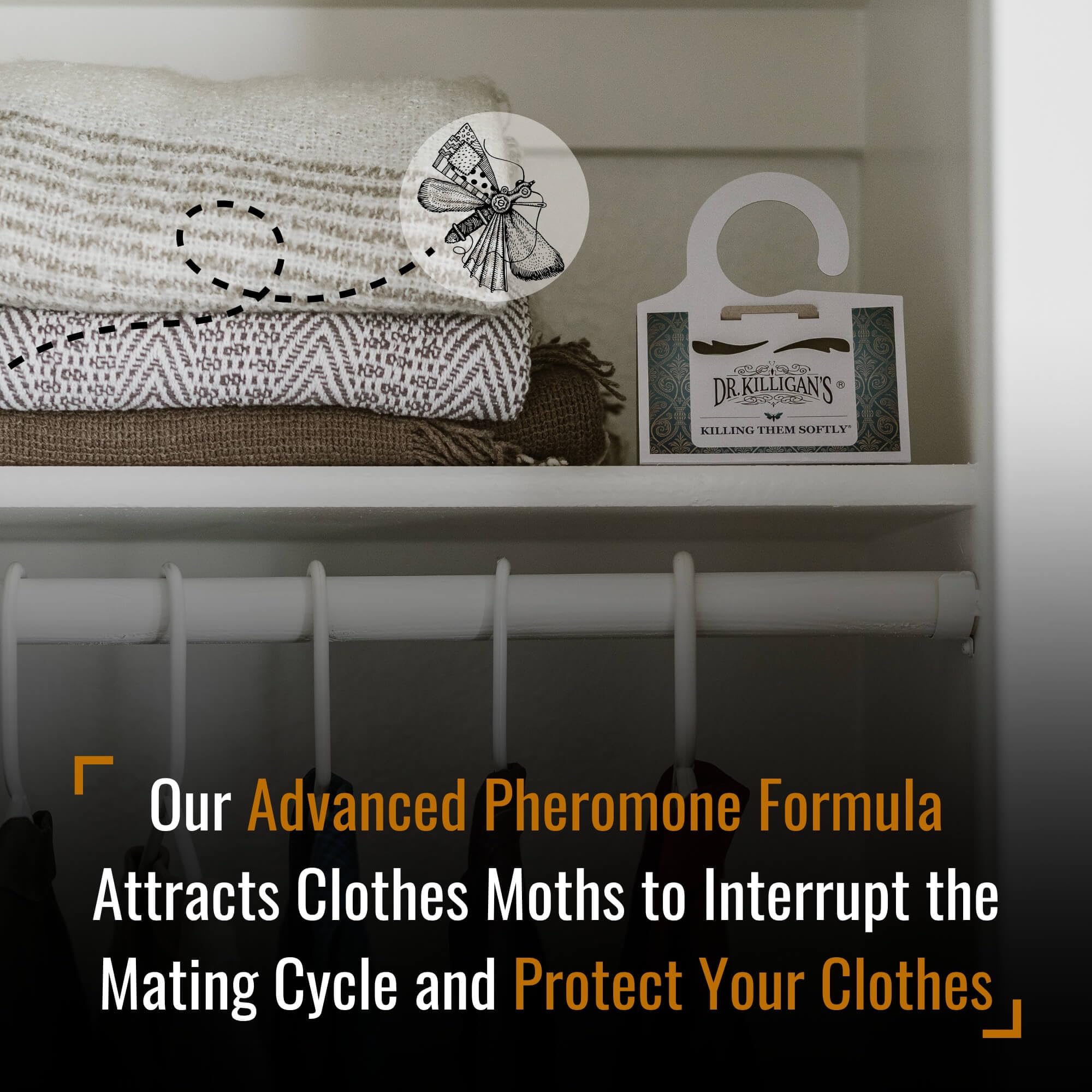 Moth trap installed in a closet with hanging garments