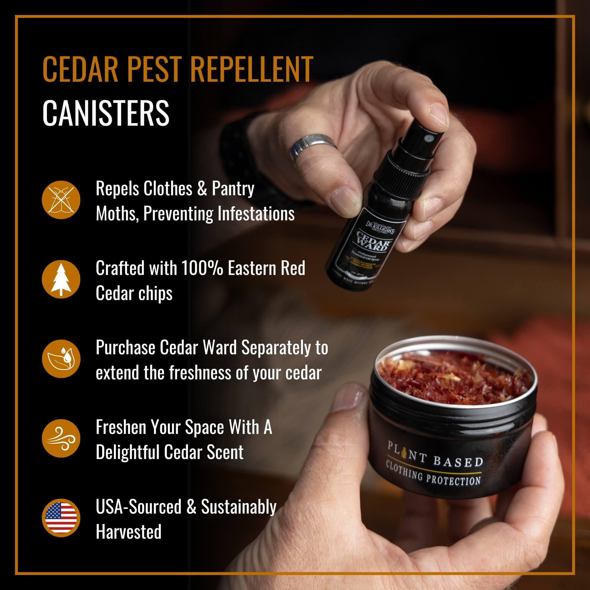 Dr. Killigan's reusable cedar tins opened to reveal natural wood shavings.