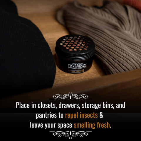 Dr. Killigan's wardrobe setup with cedar chips deters moths naturally.