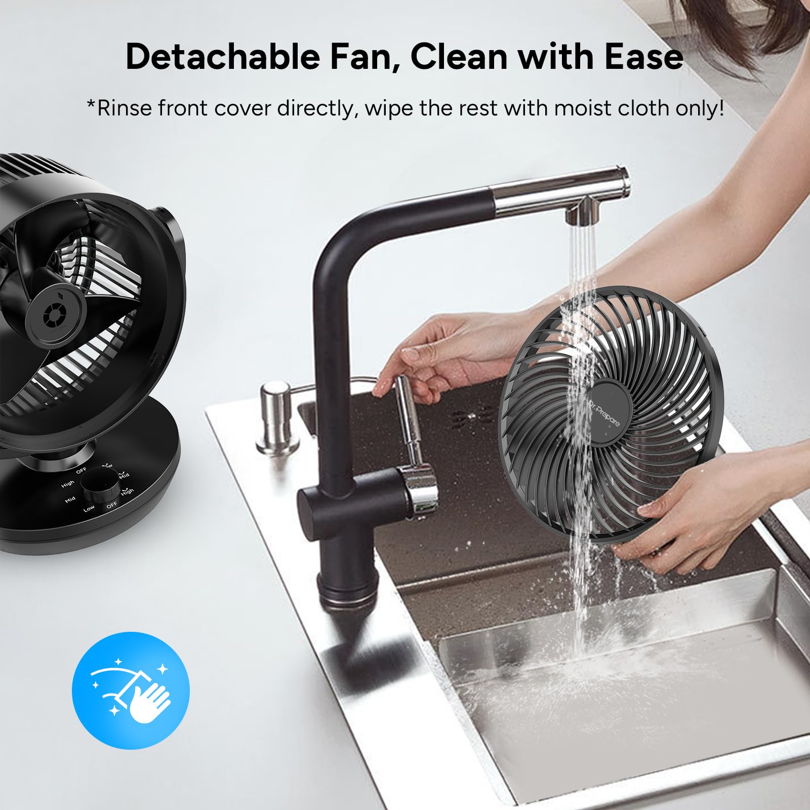DR.PREPARE power-efficient 33W rating emphasizes energy-conscious cooling.