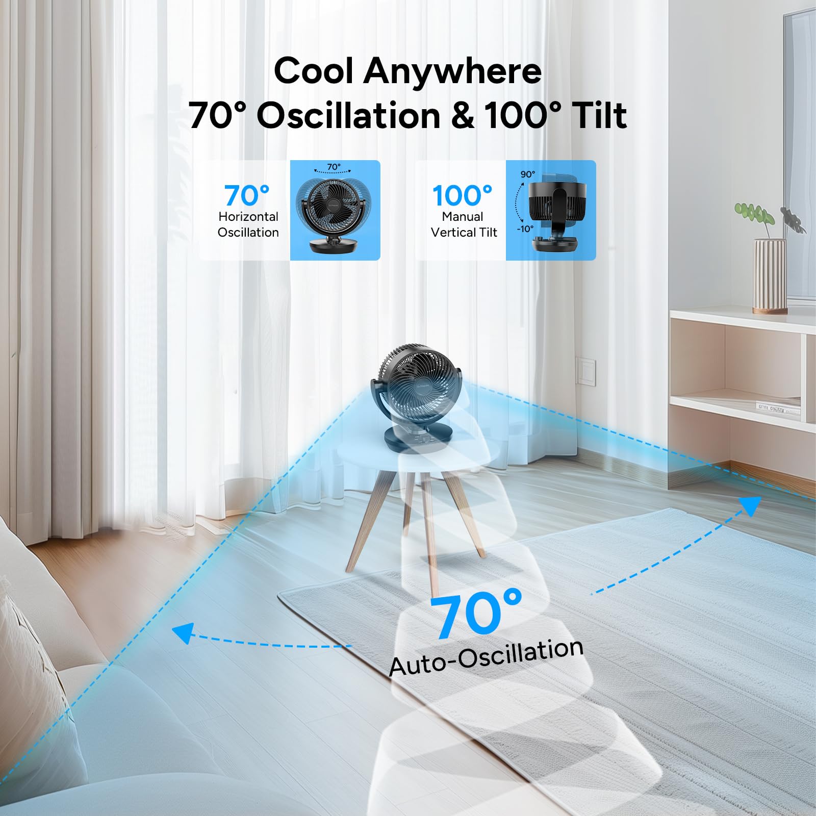 DR.PREPARE oscillating air circulator top view highlights tilt range for targeted airflow.