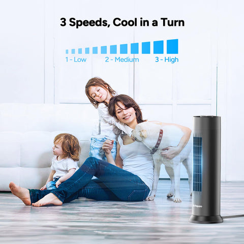 DR.PREPARE Tower Fan side dial shows 3 speeds for customizable breeze.