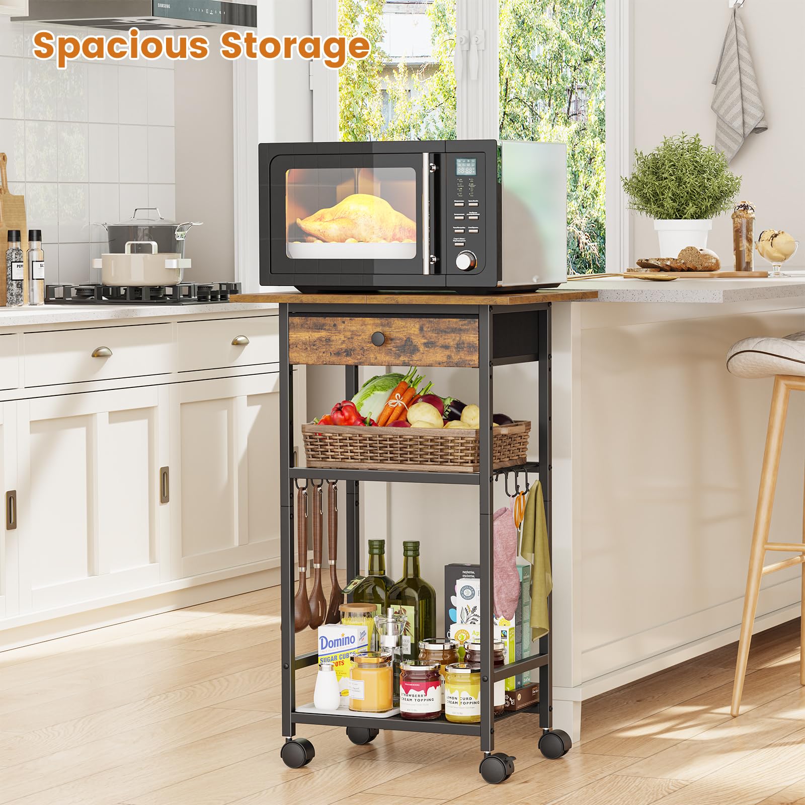 Draelibor microwave cart with adjustable feet and hooks for utensils.