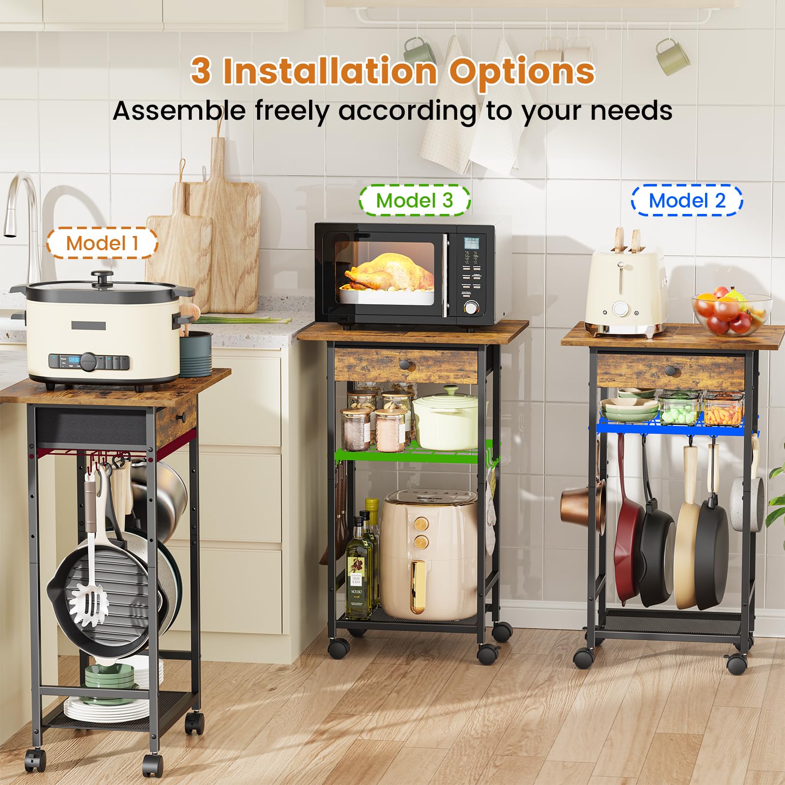 Draelibor microwave cart side view shows adjustable shelves for tall items.