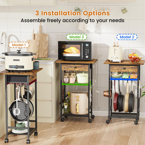 Draelibor microwave cart side view shows adjustable shelves for tall items.