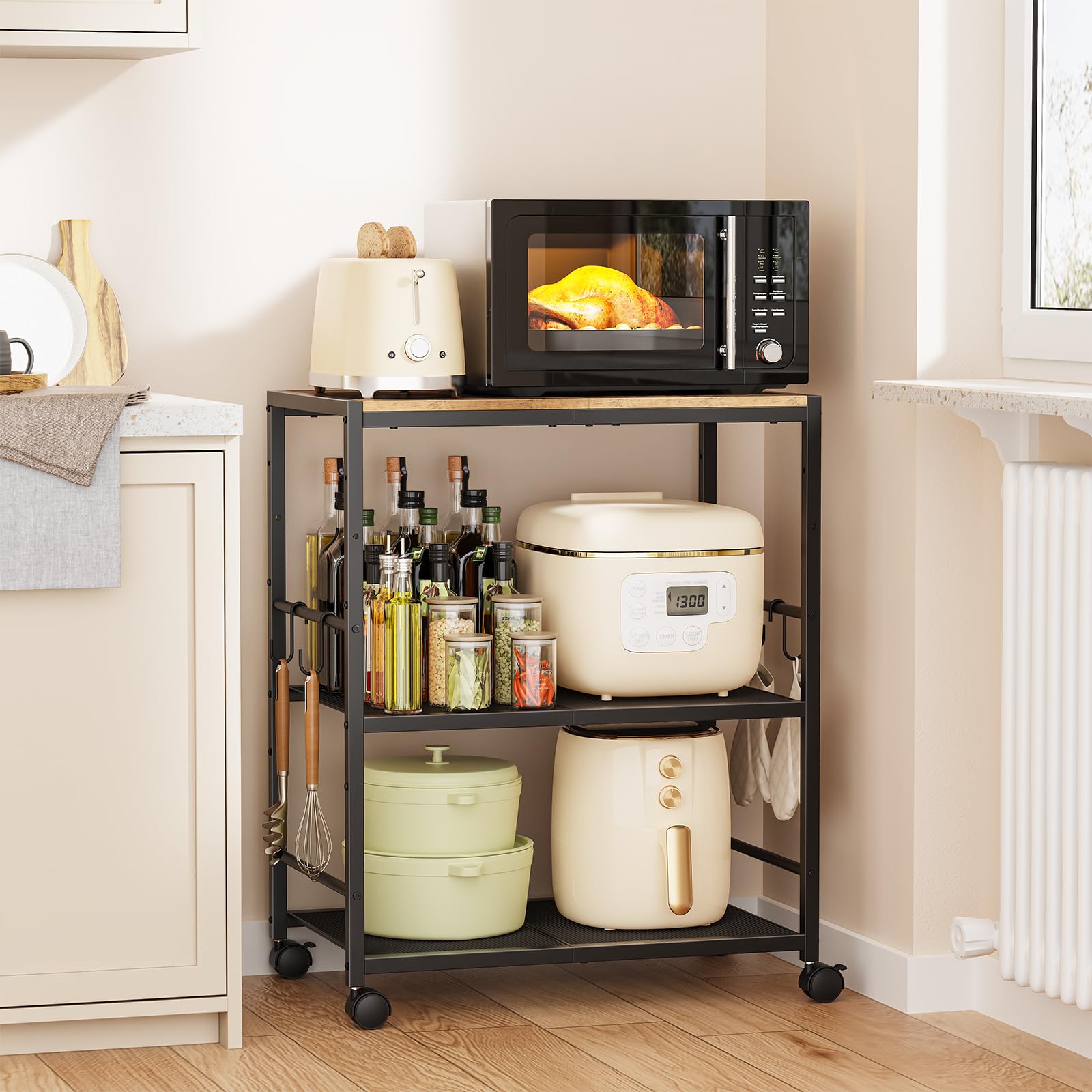 Draelibor rolling kitchen cart with 3-tier microwave stand for space-saving storage