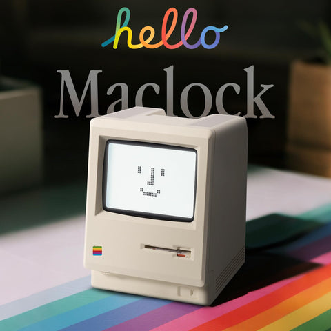 Dralaw Maclock pixel display presents time, date, and temperature.