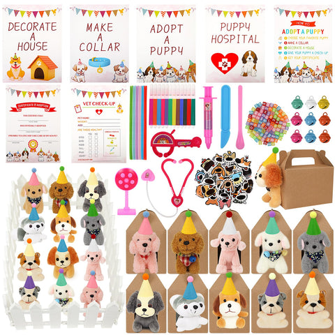 DRANSMIC Adopt-a-Dog plush dogs with hats for festive party fun.